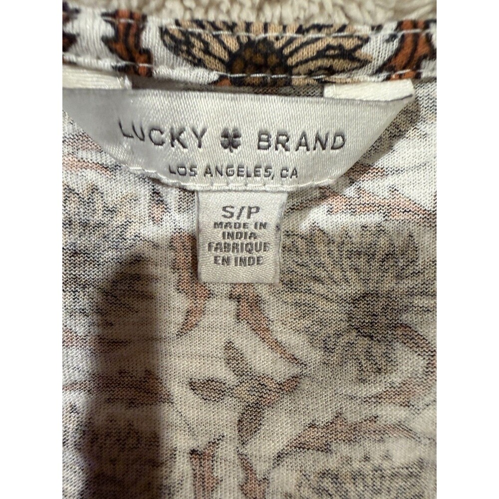 Lucky Brand Shirt Top Small Women’s Brown Ivory Print Blouse Pleated V-Neck - Picture 5 of 7